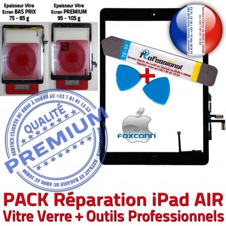 PACK iPad 5 AIR N Noire Adhésif Tactile Vitre Verre Oléophobe KIT Qualité Nappe Bouton HOME Démontage PREMIUM Precollé Réparation Outil