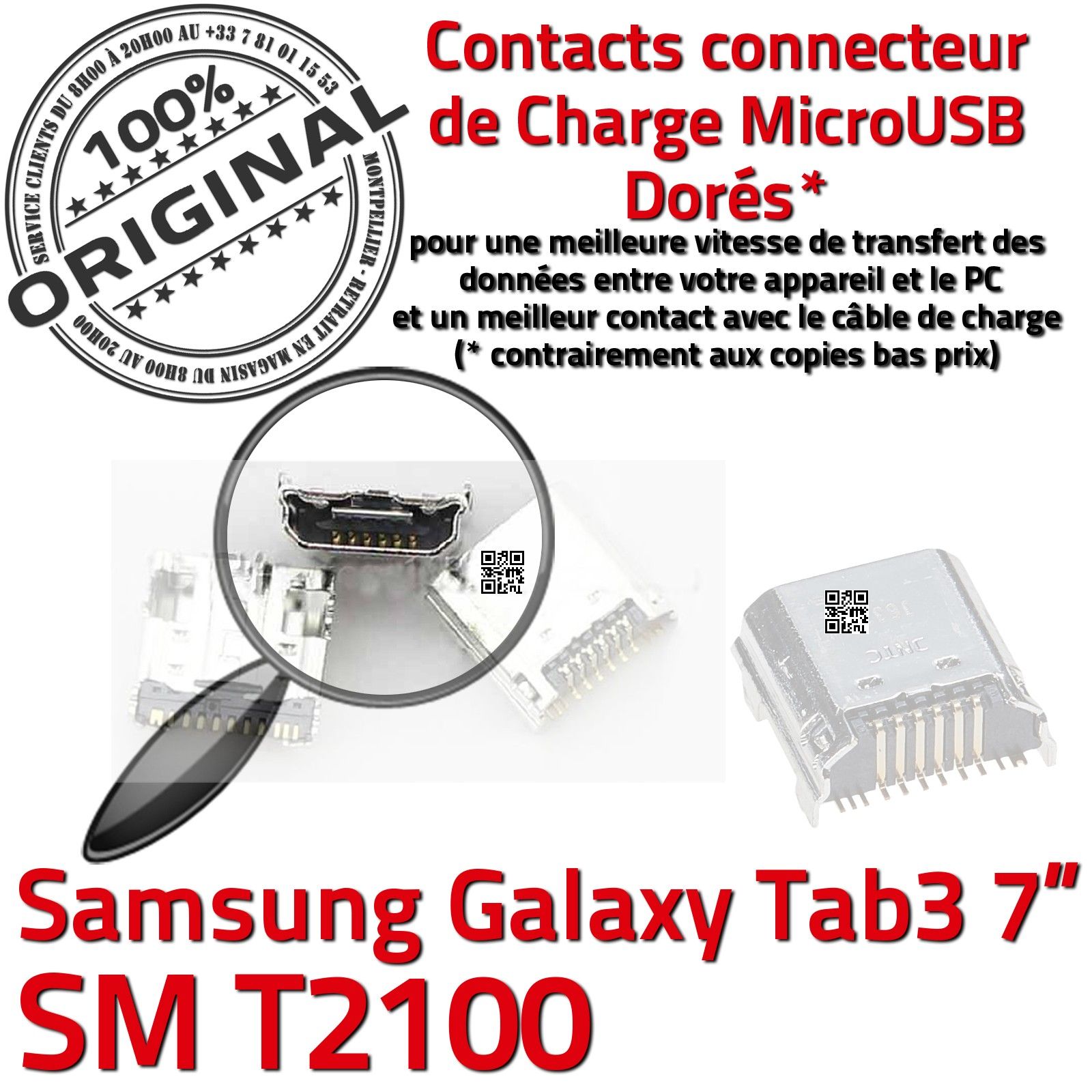 Samsung Galaxy TAB3 SM-T113 Prise de charge MicroUSB Qualité ORIGINAL à  souder Pins Dorés Dock Fiche Connector Chargeur SLOT
